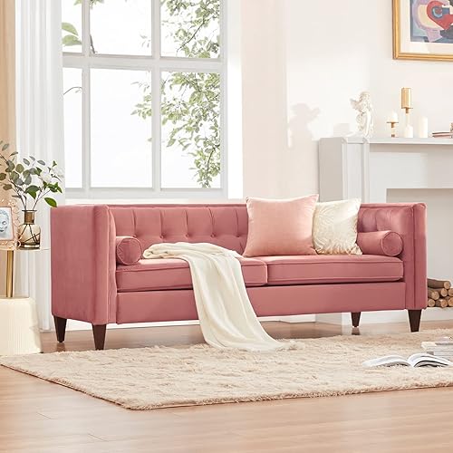 Miniatura 34 de Sofá Dreamsir de terciopelo de 78 pulgadas de ancho, muebles de mediados de siglo con almohadas de refuerzo, sofá con botones para sala de estar,