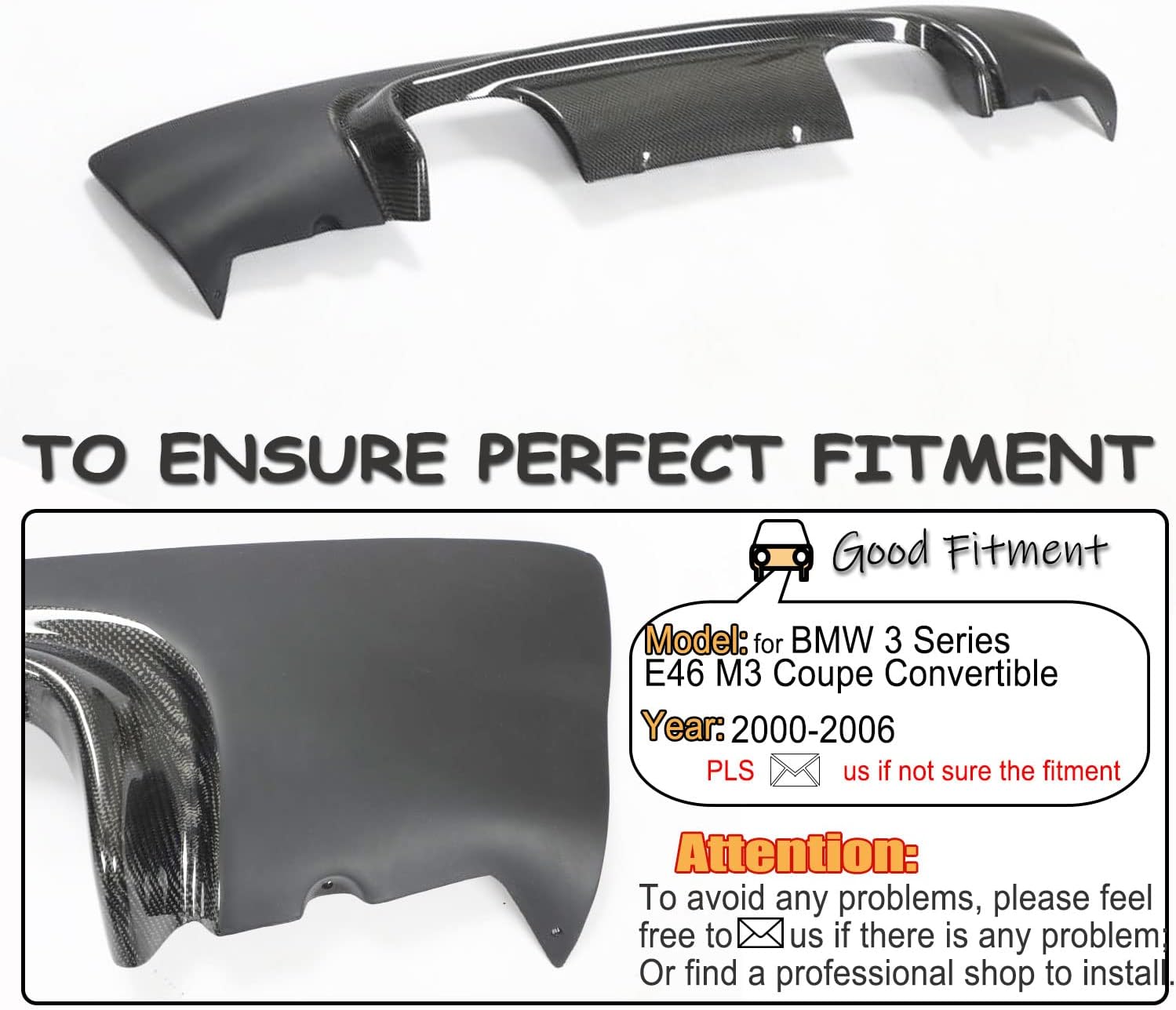 MCARCAR KIT E46 Carbon Fiber Rear Diffuser Compatible with BMW 3 Series E46 M3 Coupe Convertible 2000-2006 Lower Bumper Lip Spoiler Body Kit Factory Outlet