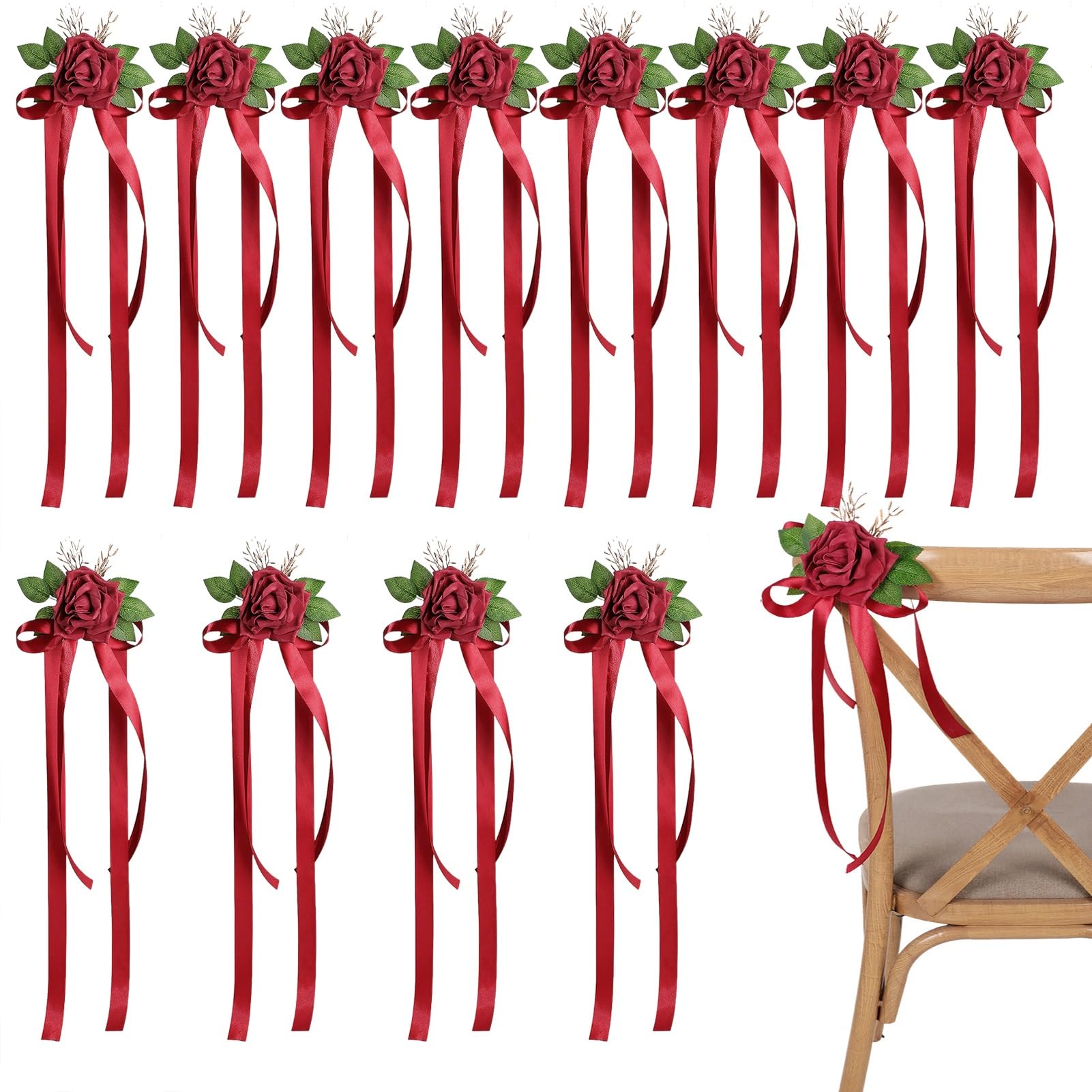 Flores artificiales para bodas | 12 piezas de decoración para sillas y coches en color rojo