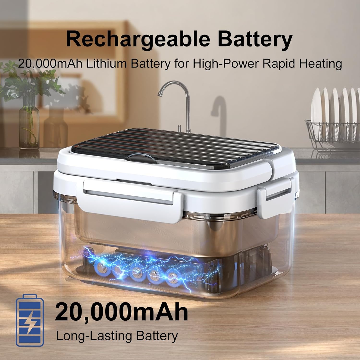 Cordless Electric Heated Lunch Box, 1.5L - 6.3 Cups 20000 mAh 100W Rechargeable Smart Self-Heating Food Warmer with Removable Divider, Spoon, Fork, BPA Free, Portable Lunchbox for Car Travel Office - Image 3