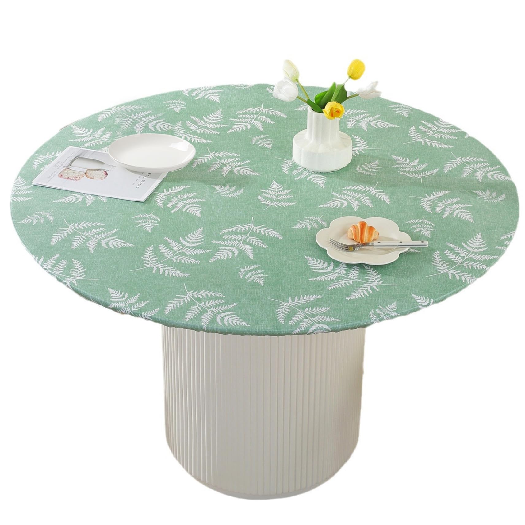 Grsrkep Round Fitted Tablecloth 48 Inch Flannel Backed Vinyl Tablecloths Waterproof ＆ Oil Proof Elastic Edged Table Cover Fit 35-43'' Dining Table