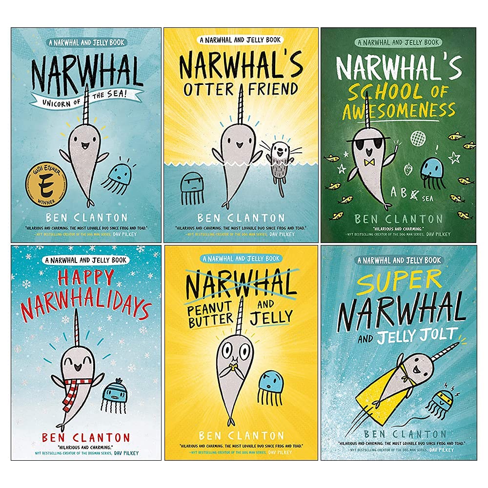 Narwhal and Jelly Series 6 Books Collection Set By Ben Clanton (Otter Friend, Unicorn of the Sea, Super Narwhal and Jelly Jolt, Peanut Butter and Jelly, Happy Narwhalidays, School of Awesomeness)