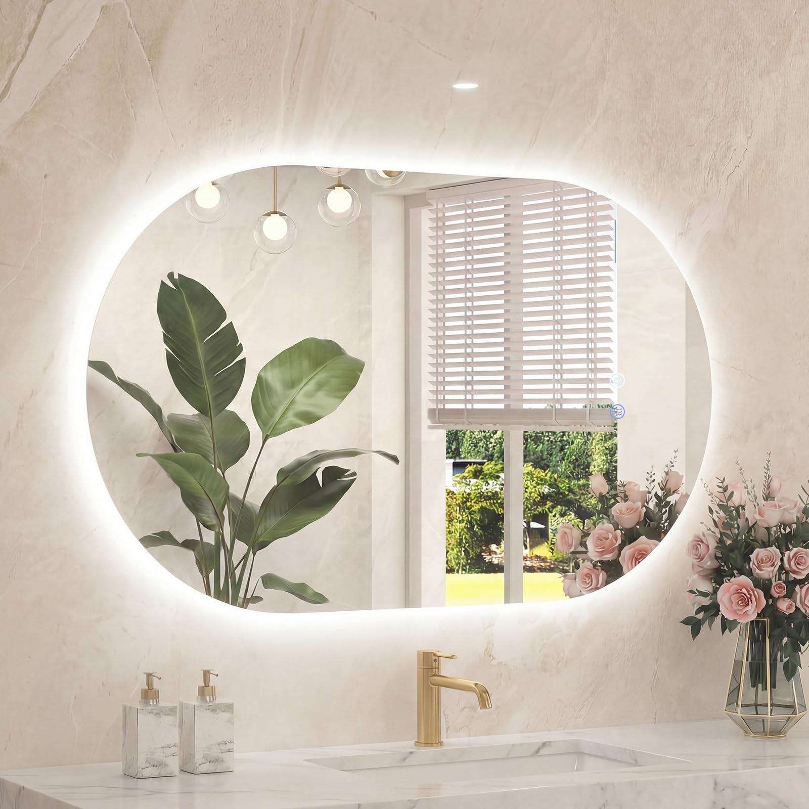 COSTWAY Specchio per Bagno con Luce 90 x 55 cm, Specchio Ovale da Parete Infrangibile con Oulsanti Touch, 3 Colori Dimmerabili, Antiappannamento e Vetro Temperato HD IP44 (90 x 55 cm, Modello 4)