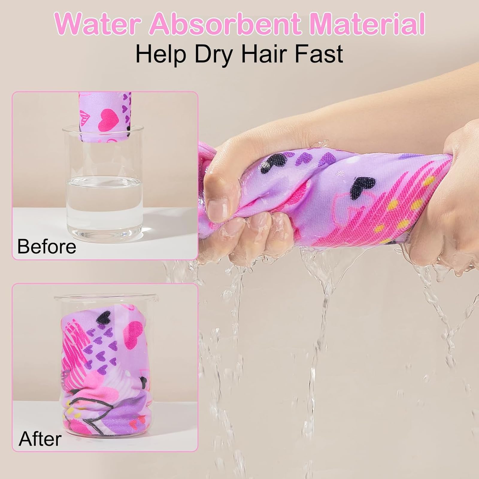DeBizz 2 pezzi turbante per capelli per bambini, asciugamano per asciugacapelli, in microfibra, ad asciugatura rapida, per donne e ragazze (multicolore)