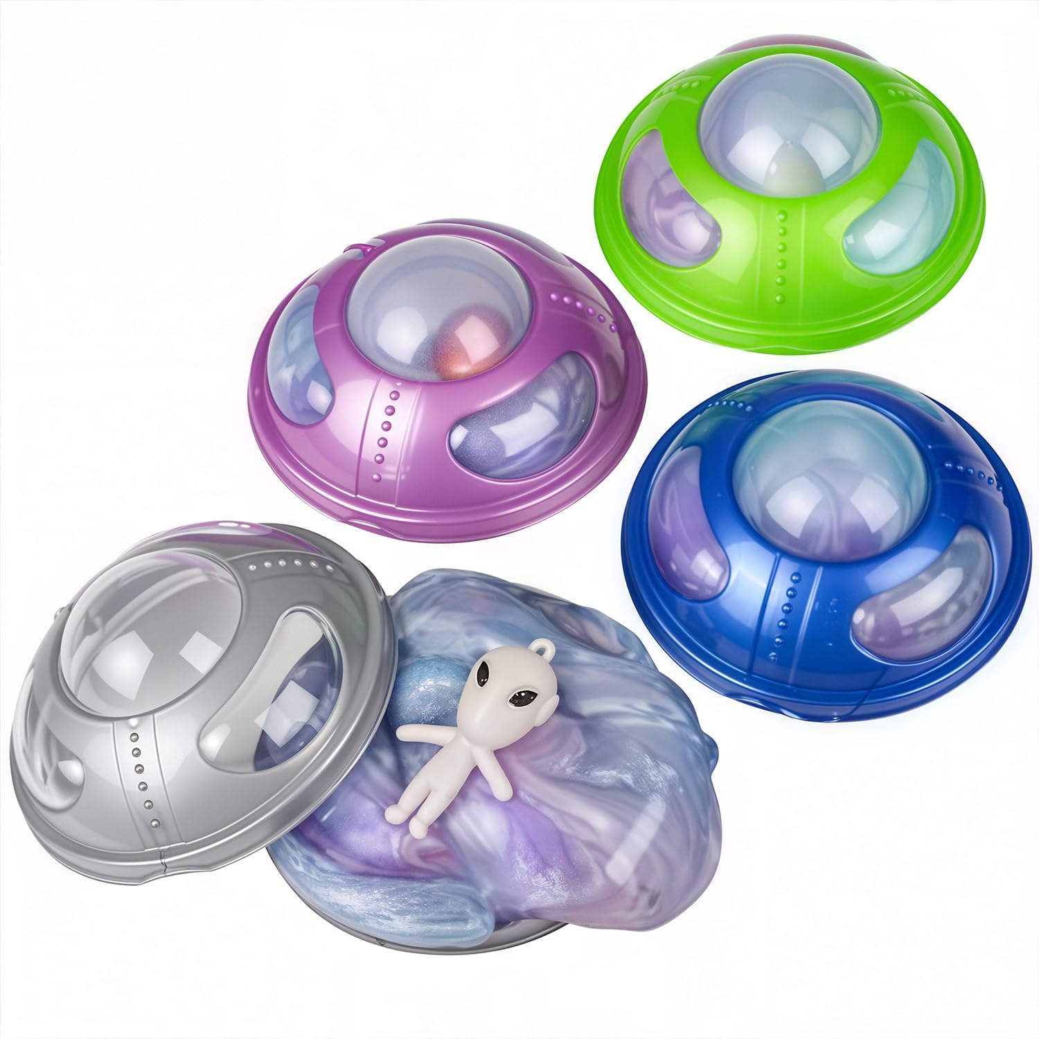 Mozlly UFO Alien Spaceship Rainbow Slime Monster Putty Sci-Fi Extraterrestrial Soft & Gooey Squishy Sensory Toy Figure Stress Reliever Party Favor Game Prizes Loot Bag Goodies - 3", Assorted 4pcs/Set