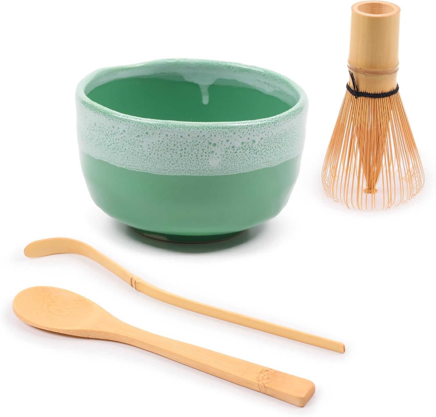 BambooMN Brand - Matcha Green Tea Whisk Set - Whisk + Scoop + Tea Spoon + Mint Green Bowl