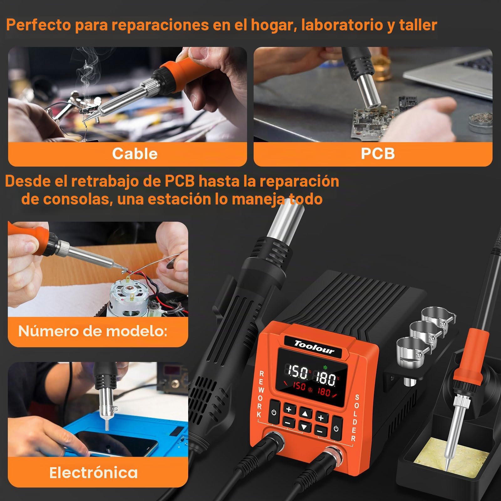 TOOLOUR Estación de soldadura 2 en 1 700W con pistola de aire caliente y soldador, pantalla LCD, control PID, temperatura ajustable 100–500°C, apagado automático, ideal para principiantes