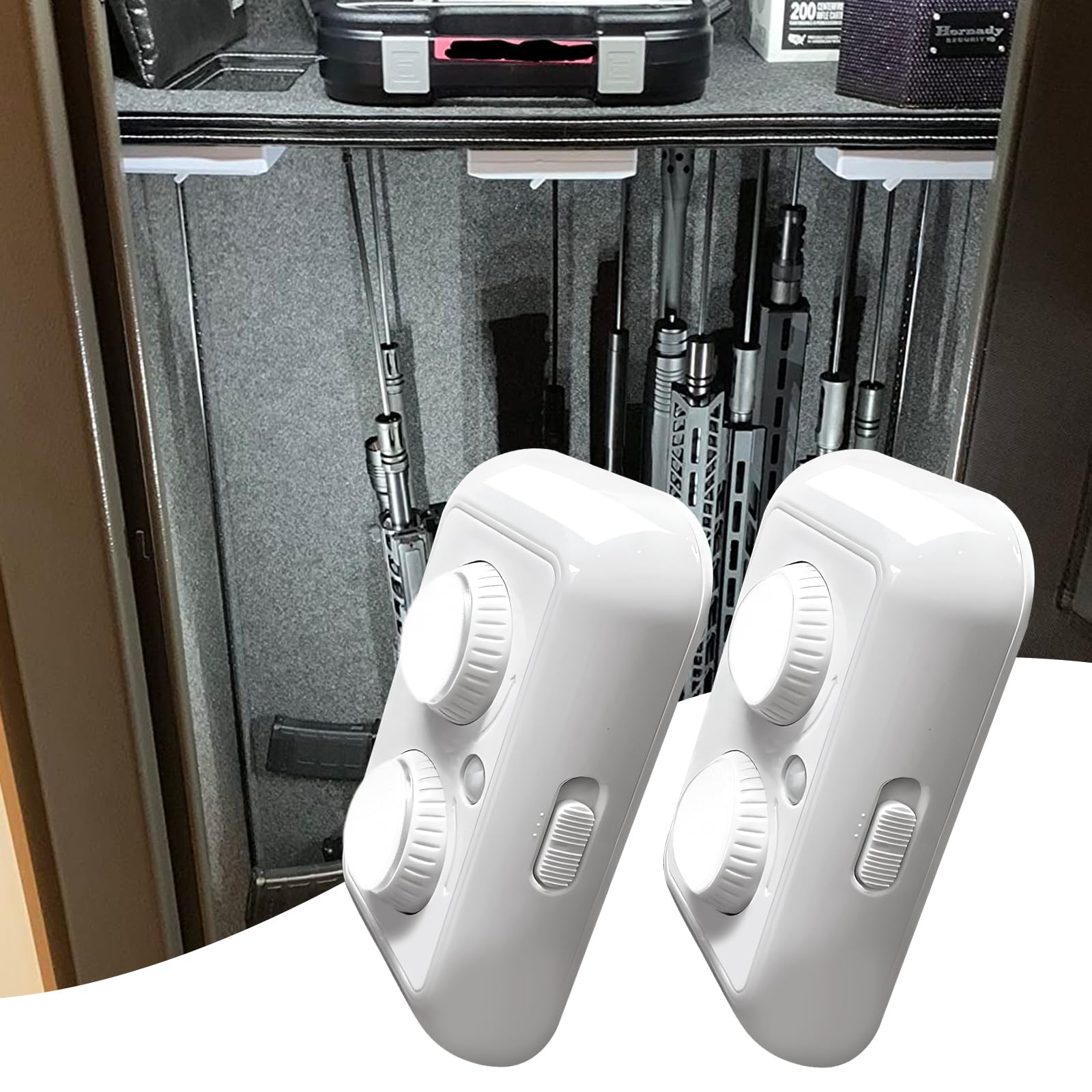 QIRANUI 2 Pack Rotatable Gun Safe Lights - 360° Adjustable PIR Motion Sensor Lighting for Gun Cabinets, Tactical Gear, Workshop | Magnetic Battery Door, Dual Mount Options (3M/Screws)