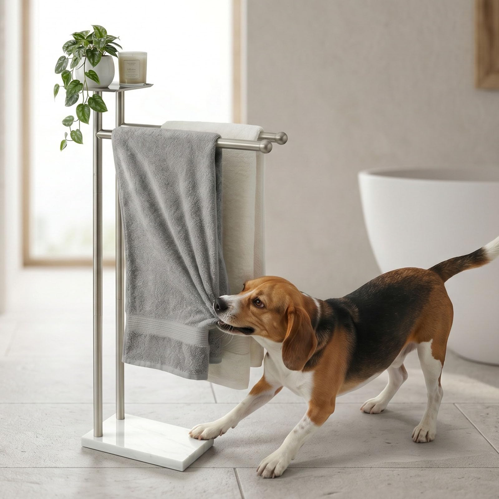 Songtec Toallero para baño, soporte para toallas de baño de 2 niveles para toallas de baño de máximo a 68 pulgadas, práctico estante en la parte superior