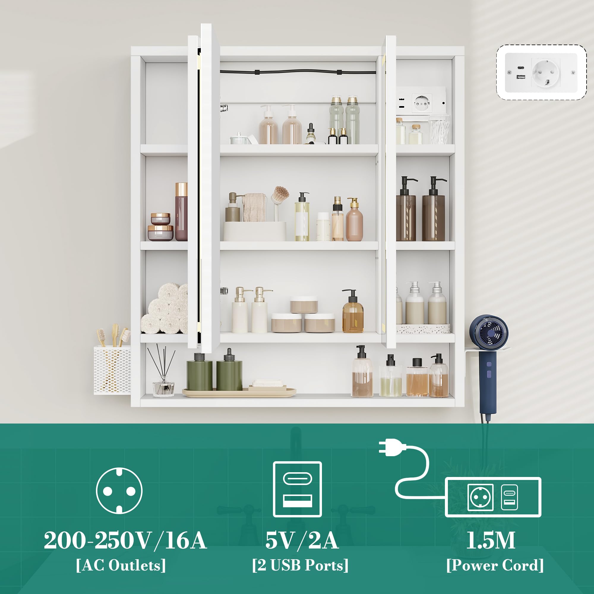 YITAHOME Spiegelschrank Bad mit Beleuchtung, 3 Türen LED Badezimmer Spiegelschrank, Steckdosen, Hängender Badezimmerschrank, Wandschrank, Badezimmerspiegel, 70W x 15D x 75H cm, Weiß