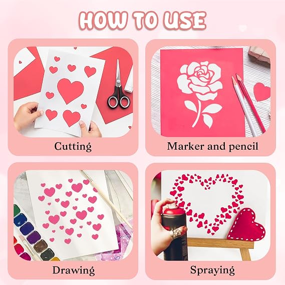18Pcs Valentine's Day Stencil Set, Happy Valentine's Day Heart Pattern, 5.9 Inches, Reusable for Drawing on Canvas, Scrapbook Paper, Fabric, Pillows, Card Making. (Valentine's Day)