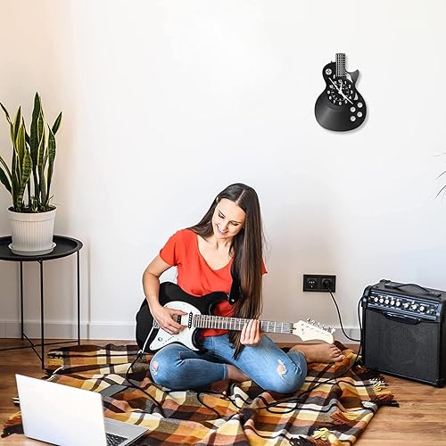 Miniatura 6 de KingLive Reloj de pared de vinilo para guitarra, regalos para vacaciones, reloj de pared con música y guitarra negra, arte de instrumentos, regalos
