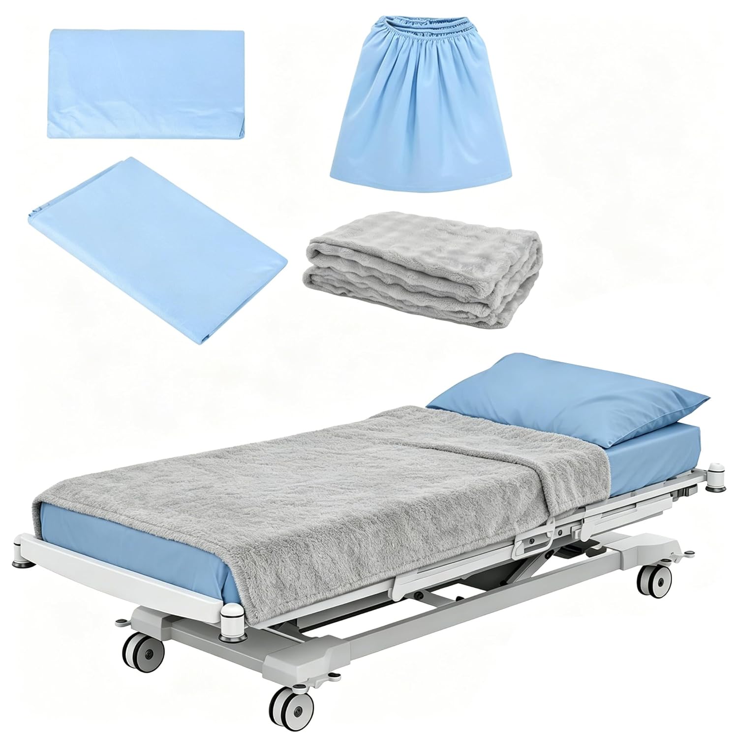 6-Piece Hospital Bed Sheets Set, Includes 2 Fitted Sheet 84x36x14, 2 Flat Sheets 104x59, 2 Pillowcases 19x29, Soft Breathable Fiber Cotton for Home and Hospital Use, Sky Blue