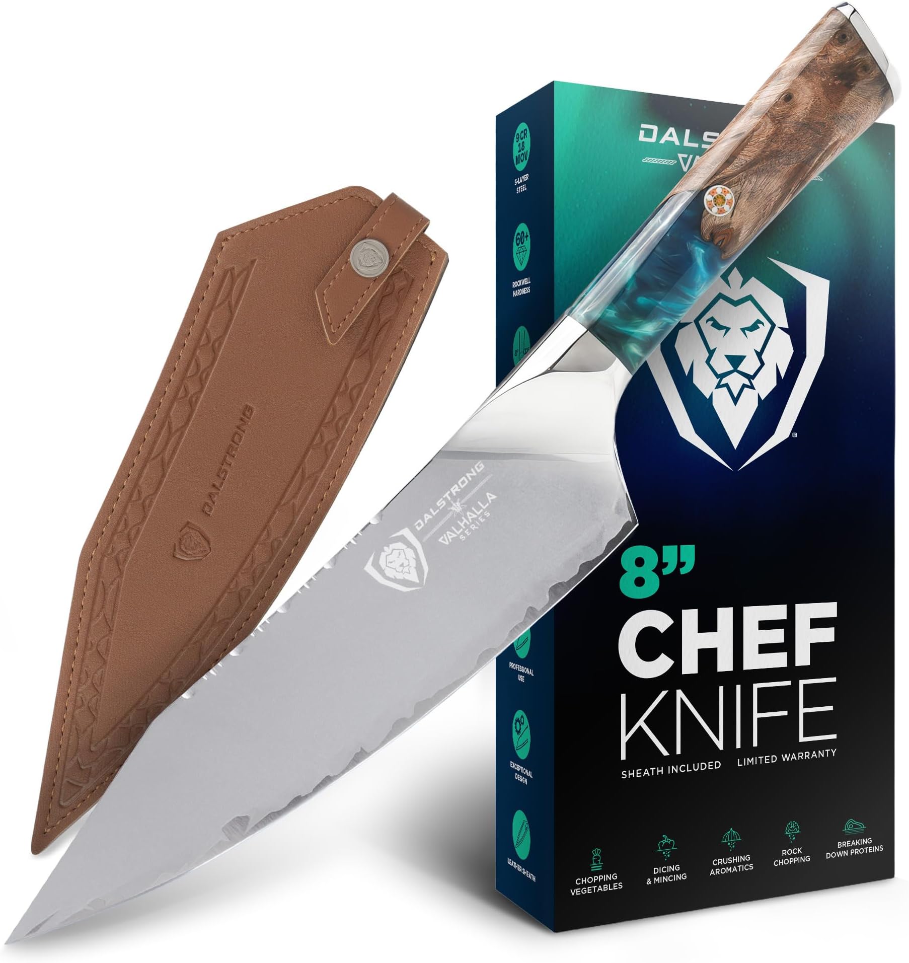 Chef Knife - 8 inch - Valhalla Series - Premium 9CR18MOV HC Steel - Celestial Resin & Wood Handle - Razor Sharp - Kitchen Cooking Chef's Knife - Leather Sheath