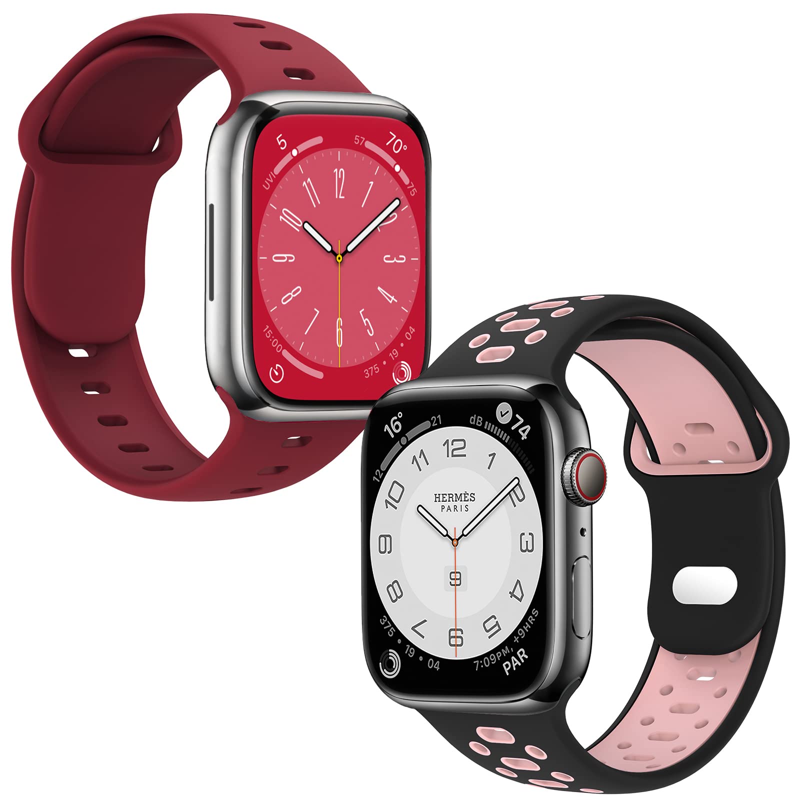 Photo 1 of 2 Pack Sport Bands Compatible with Apple Watch Band Series 8 7 6 5 4 3 2 1 SE 38mm 40mm 41mm 42mm 44mm 45mm Wine Red + Black/Pink