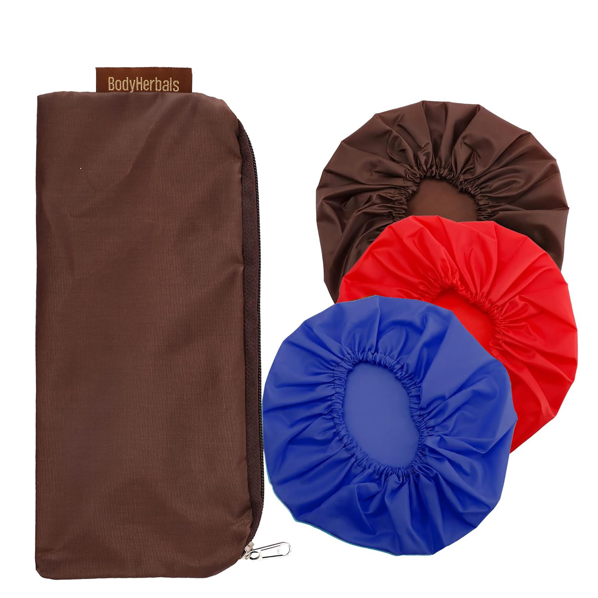 bodyherbals reusable & water proof shower caps (pack of 3 ) in a beautiful zip bag for women & men| shower caps -for homes spas, salons, hair treatments & hotels |travel essential|elastic & free size