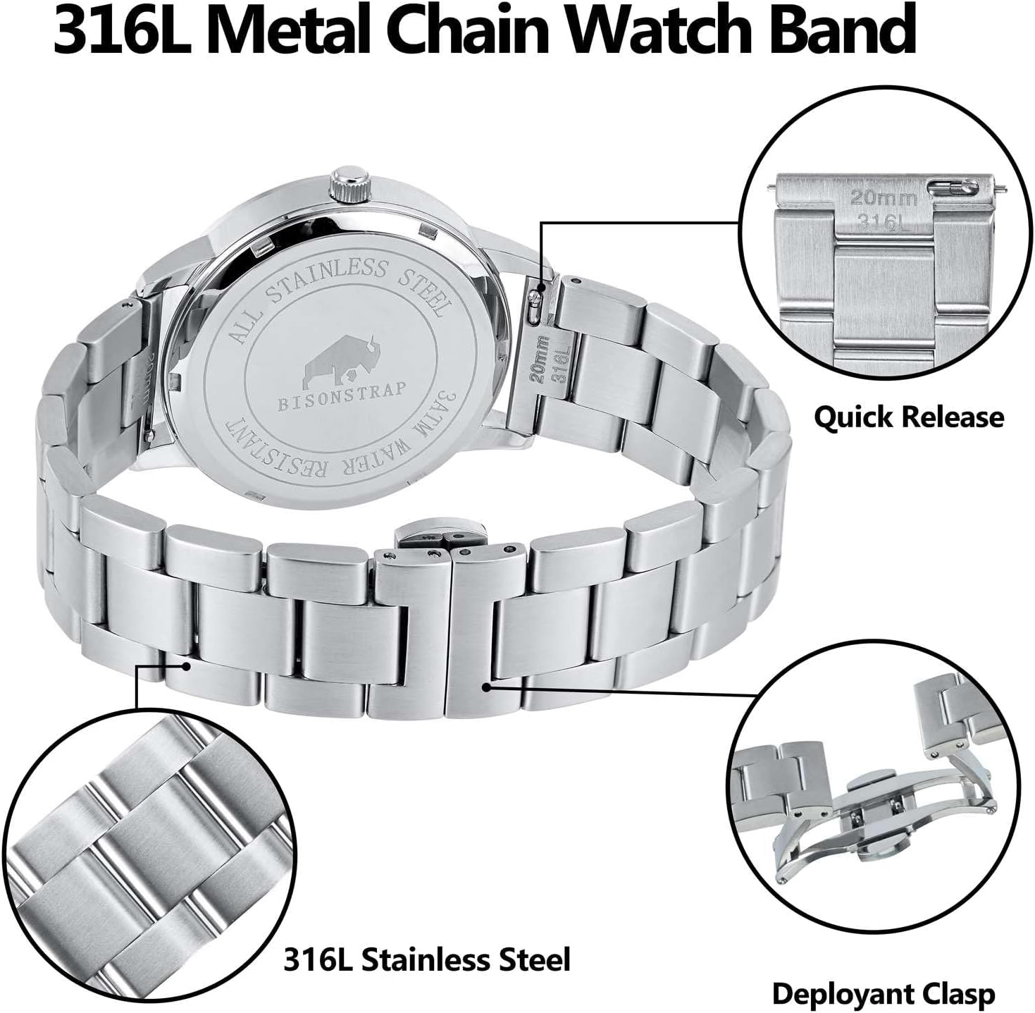 BISONSTRAP Heavy-duty Metal Watch Bands, Tapered Watch Straps, 316L Stainless Steel, Deployant Clasp, 18mm 19mm 20mm 21mm 22mm for Choice - Image 4