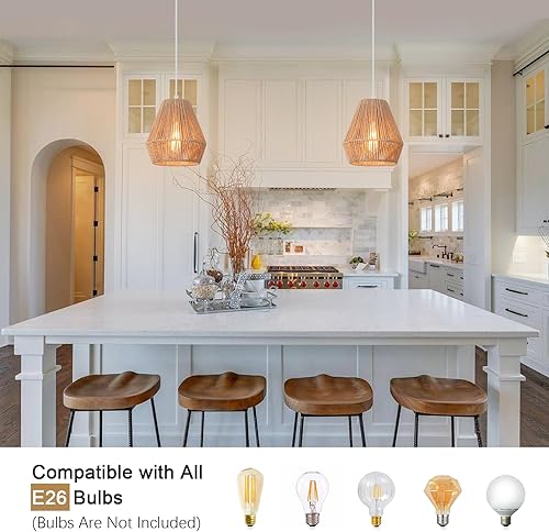 Miniatura 5 de Paquete de 2 luces colgantes de mimbre de 7 pulgadas, luces colgantes bohemias con pantalla de ratán tejida a mano, luces colgantes rústicas para