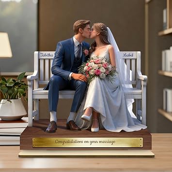 Personalized Couple Wooden Figurine, Custom Name 2D Cartoon Character Desk Ornament, Anniversary Wedding Gift for Husband Wife, Parents,Birthday Gift for Her Him