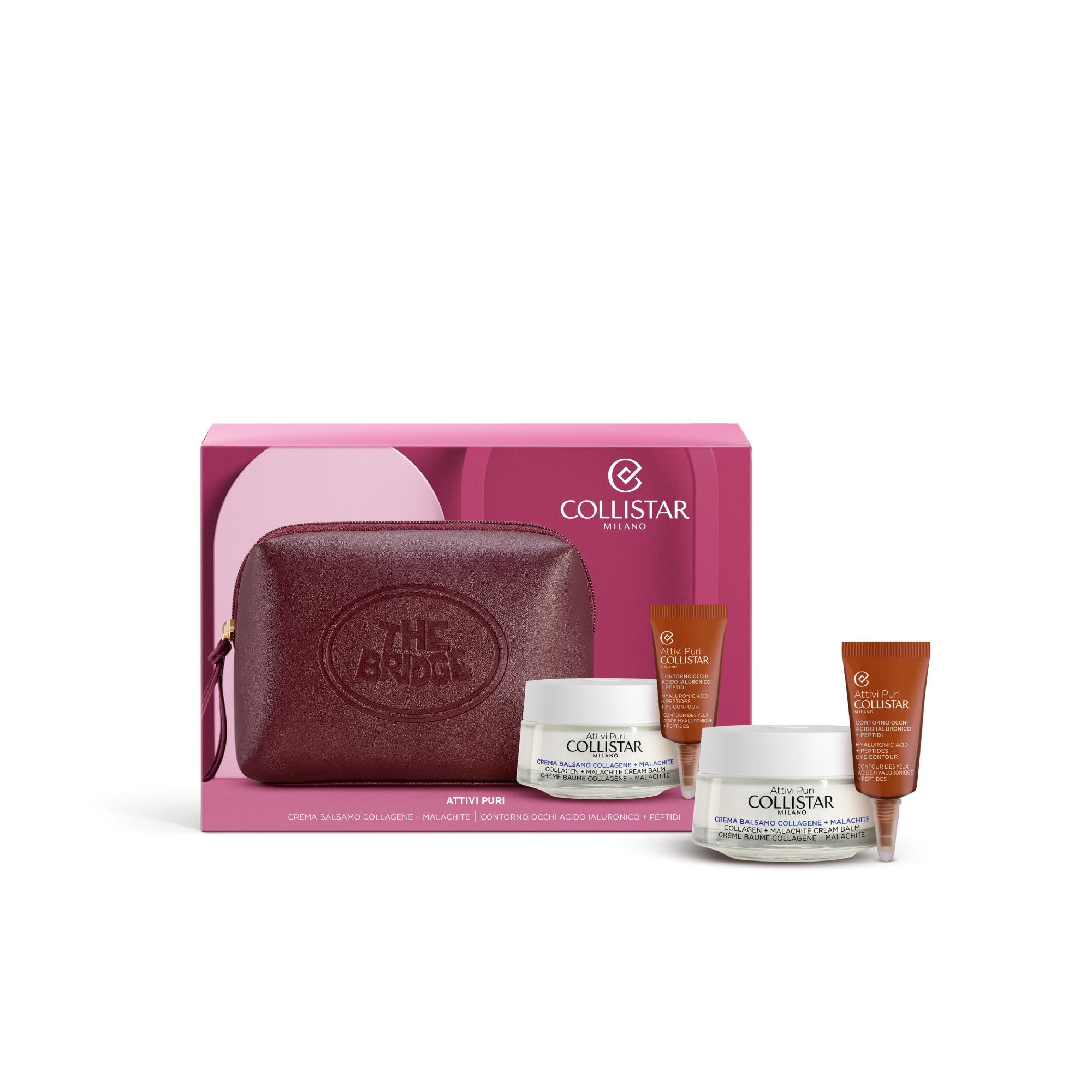 Collistar Cofanetto Crema Balsamo Collagene e Malachite 50ml, Contorno Occhi Acido Ialuronico, Peptidi 5ml, Beauty Bag The Bridge, Antirughe Rassodante, Liftante Anti-Borse
