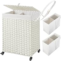 Vista 20 de Greenstell Cesta de lavandería con ruedas, no necesita instalación, cestas tejidas a mano divididas de 110 litros y 2 bolsas extraíbles con forro