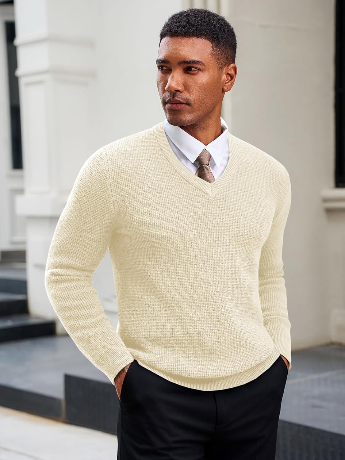 Runcati Mens V Neck Sweater Casual Waffle Knitted Pullover Slim Fit Fall Winter Basic Warm Sweaters - Image 4