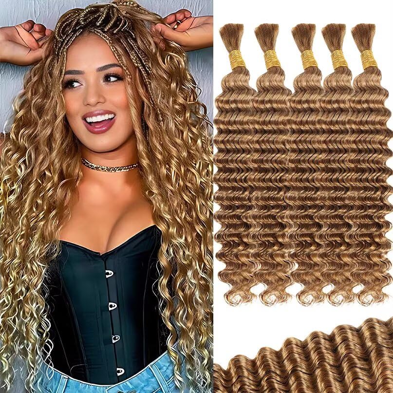 12A #27 Honey Blonde Human Braiding Hair for Boho Braids 5 Bundles 24 Inch 160g Deep Wave Braiding Hair for Bohemian Knotless Braids 100% Unprocessed Virgin Bulk Hair Extensions No Weft