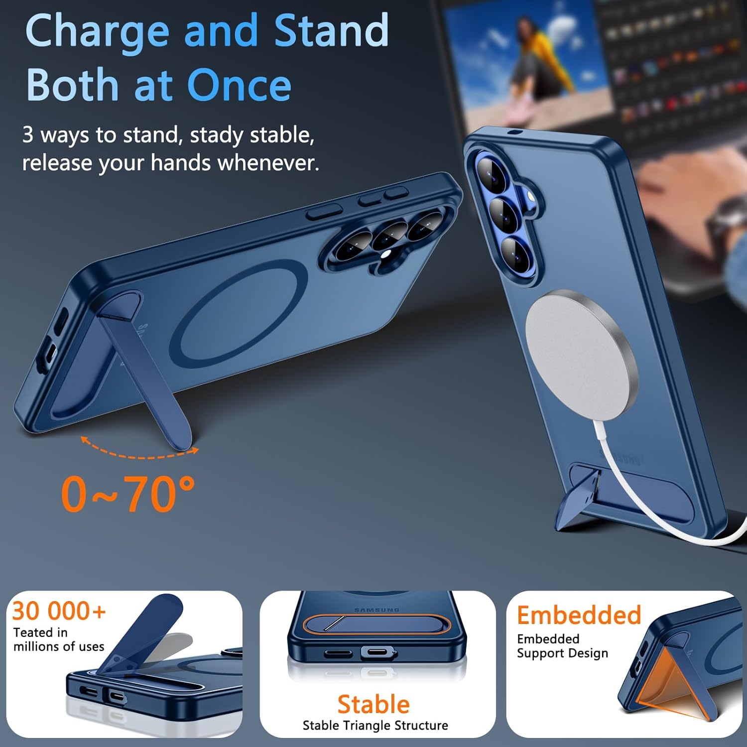 For Samsung Galaxy S26 Plus Case with Stand&Screen Protector,Strong Magnetic Galaxy S26 Plus Phone Case[Adjustable 3 Kickstand Ways] Military Protection Galaxy S26+ Case Slim Shockproof 5G Cover,Blue