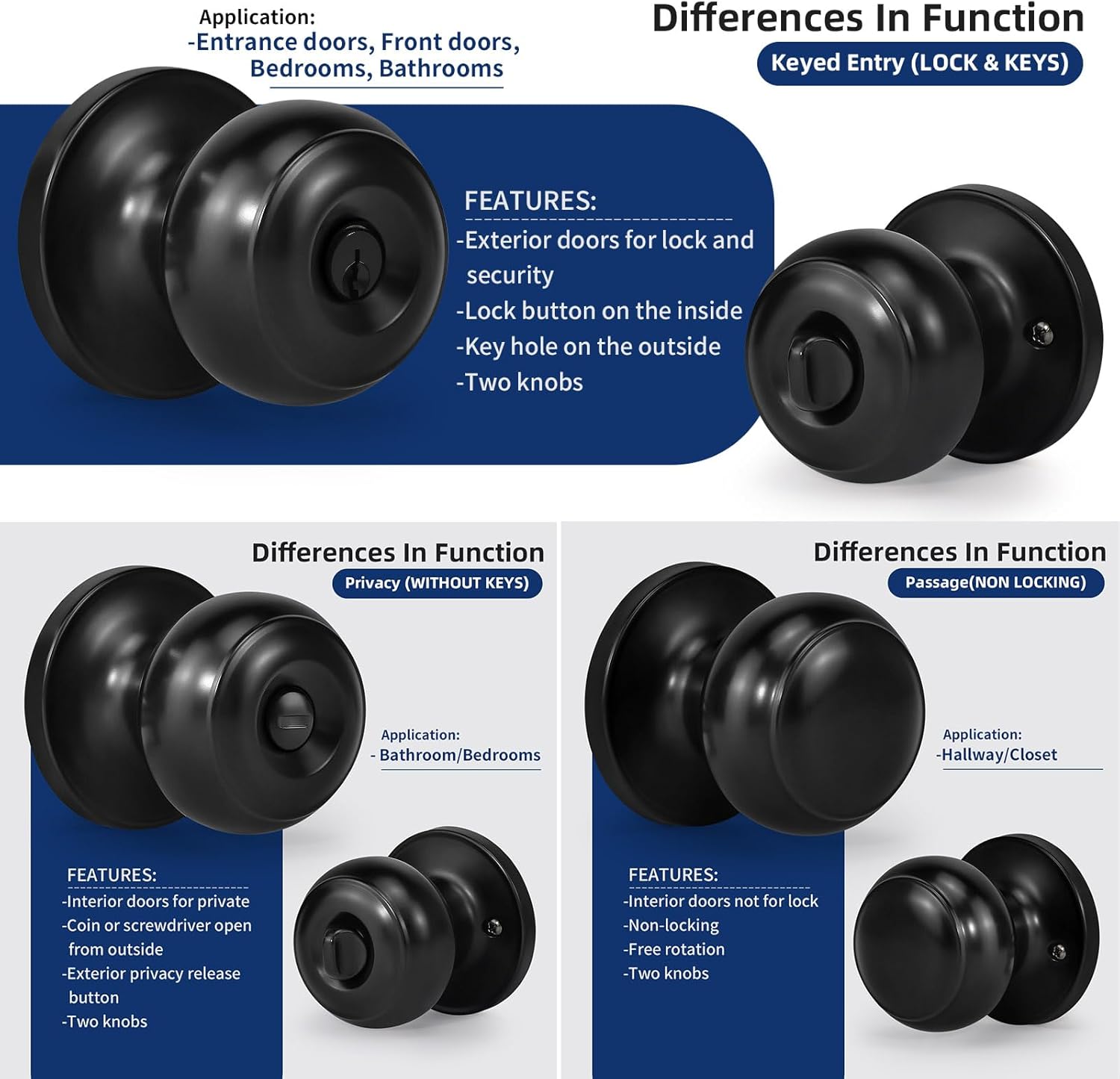Keyed Entry Door Knob for Entrance, Front Doorknob with Lock and Key for Exterior & Interior Right and Left Side Bedroom, Living Room, Matte Black,1 Pack