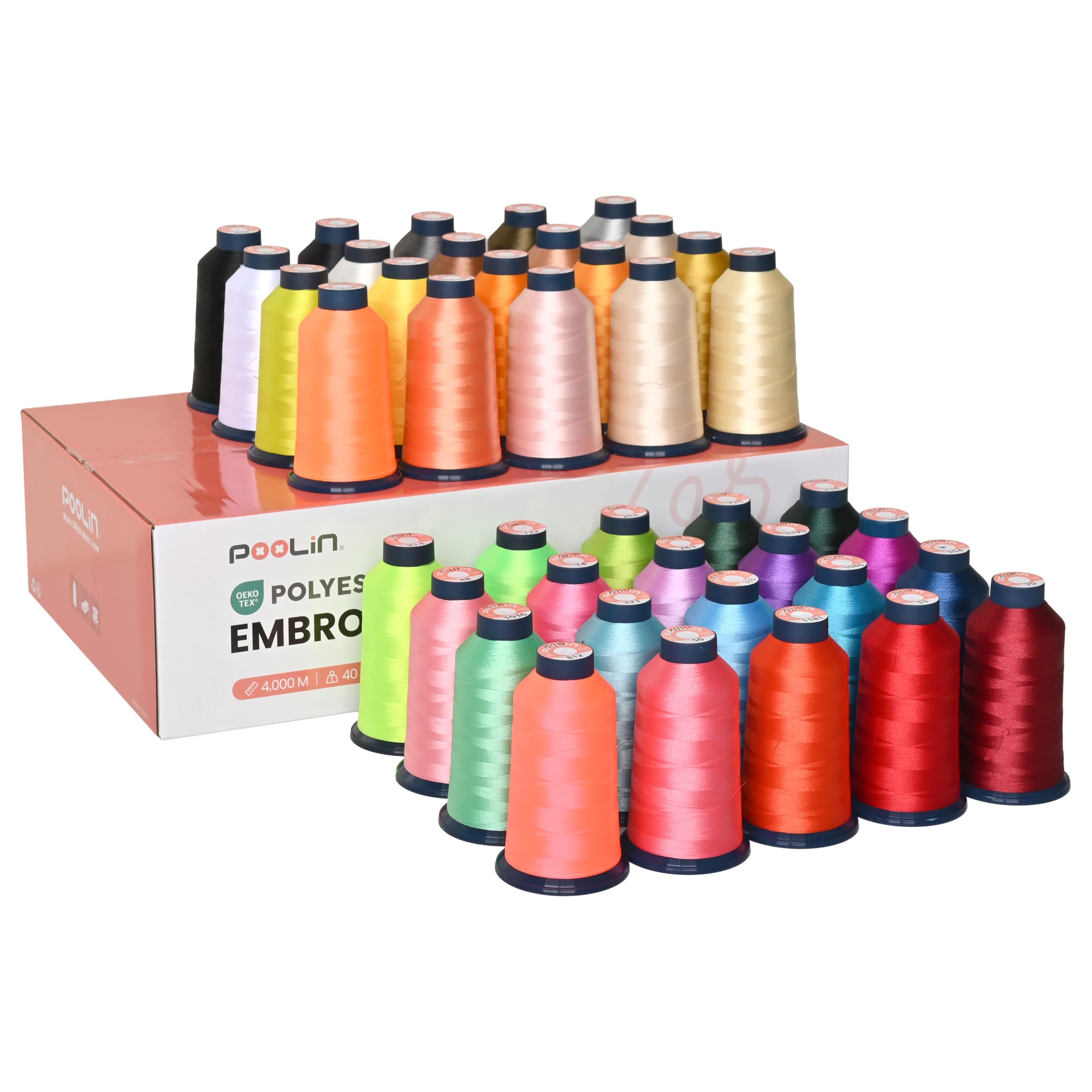PooLin - Hilo para bordar (40 bobinas x 4000 m, poliéster 40 wt, compatible con agujas únicas y multiagujas, negro, blanco, rojo, rosa, verde, amarillo, fluorescente, naranja, azul turquesa beige gris