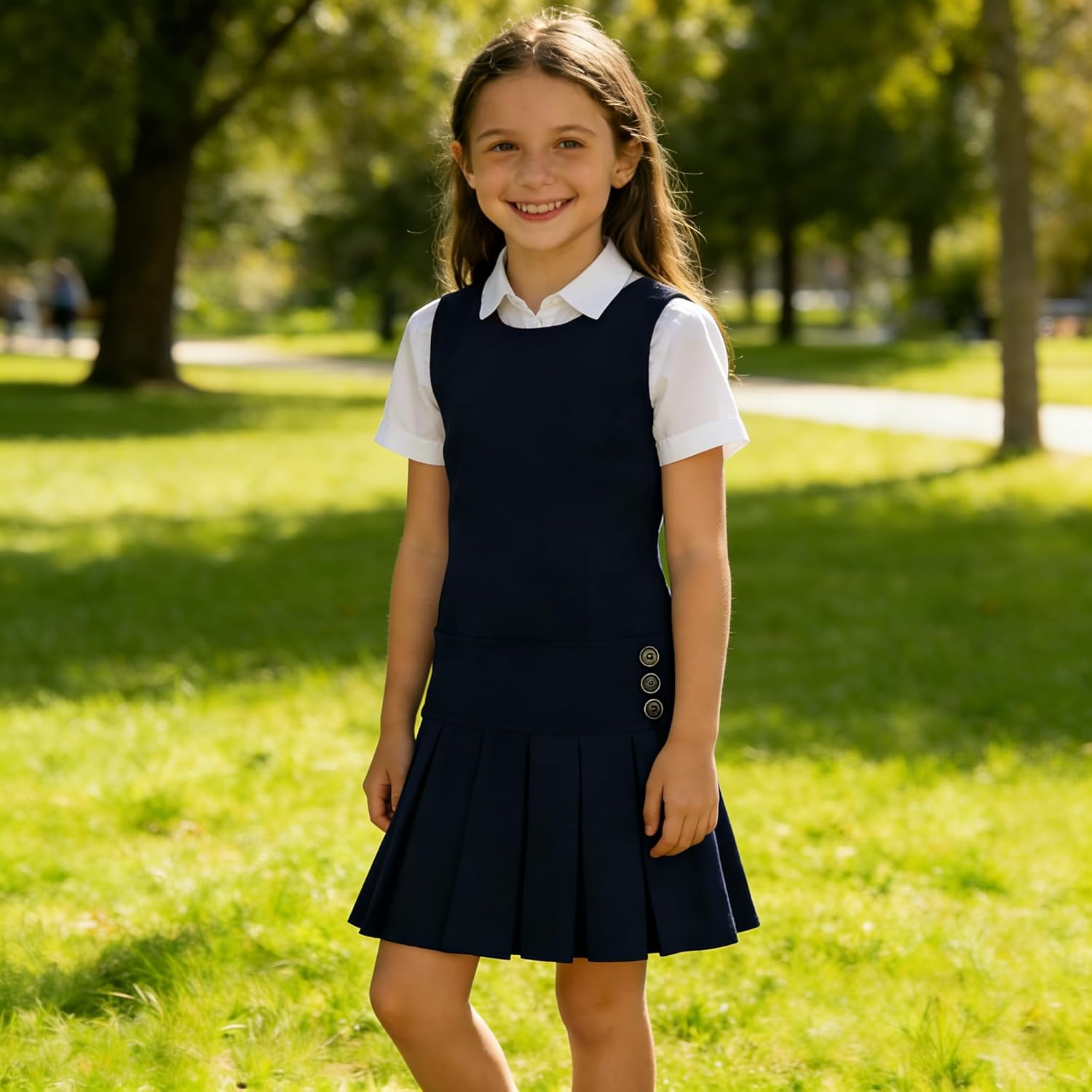Bienzoe Girls School Uniform Jumper: Stretch Fit Pleated Hem Kids Sleeveless Dress - Image 3