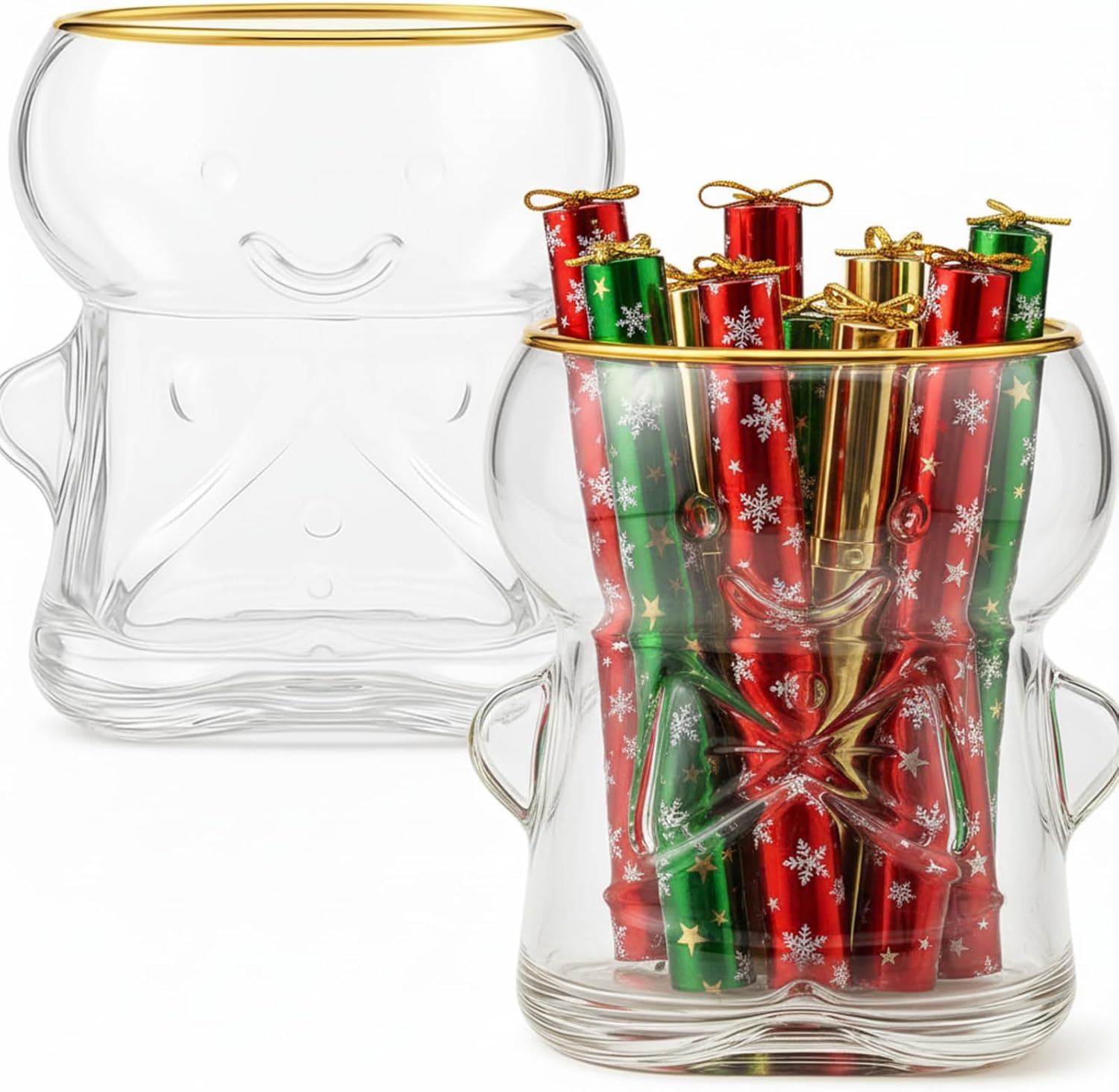 2 Pcs Christmas Penguin and Snowman Drinking Glasses, 18oz Xmas Penguin and Snowman Clear Glass Mug Novelty Stemless Wine Glass with Gold Rim Xmas Creative Coffee Juice Cup for Party Supply