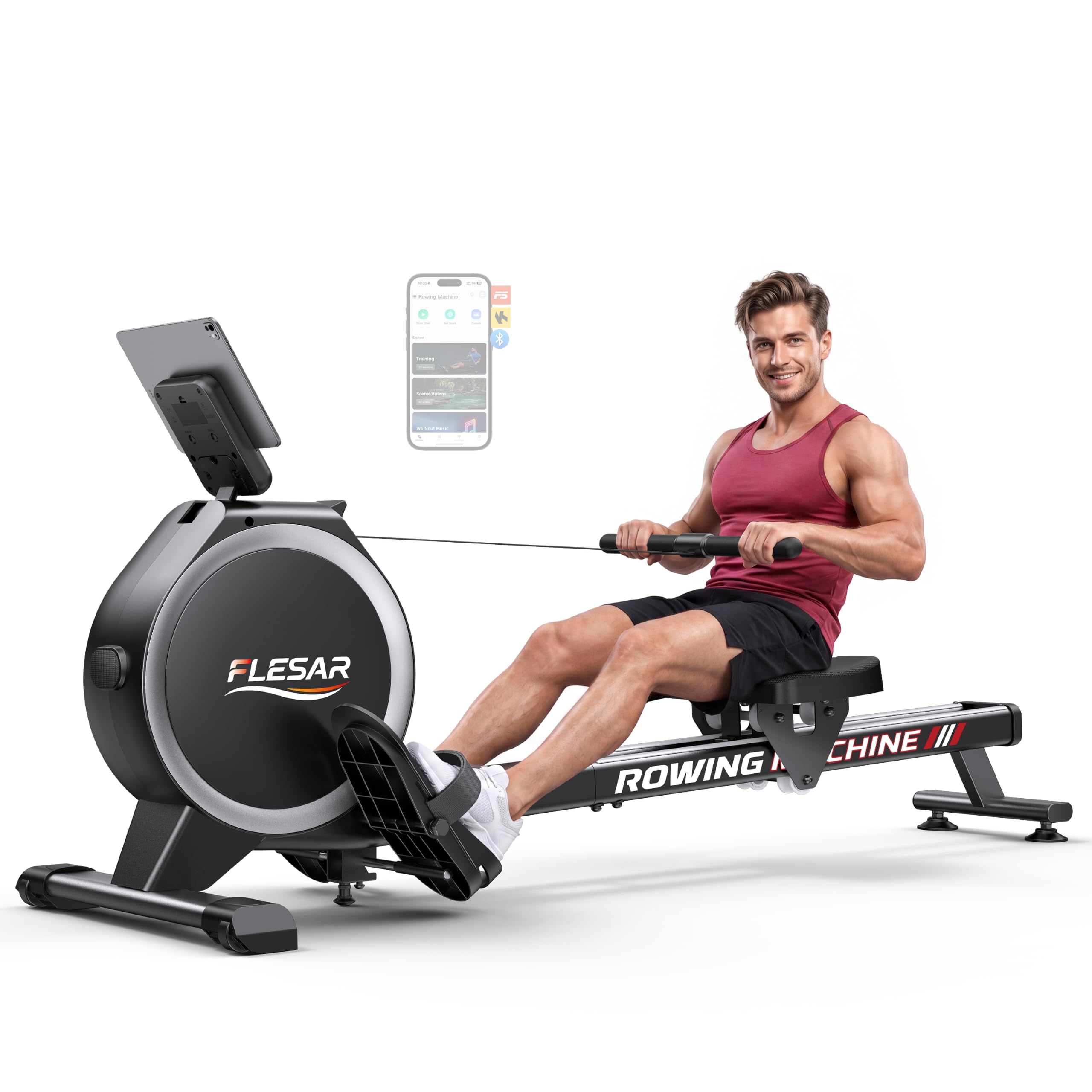 Máquina de Remo Compatible con App, Máquina de Remo para Casa con 32 Niveles de Resistencia Ajustable, Doble Riel Deslizante, Pantalla LCD y Capacidad de Carga de 350 lbs.