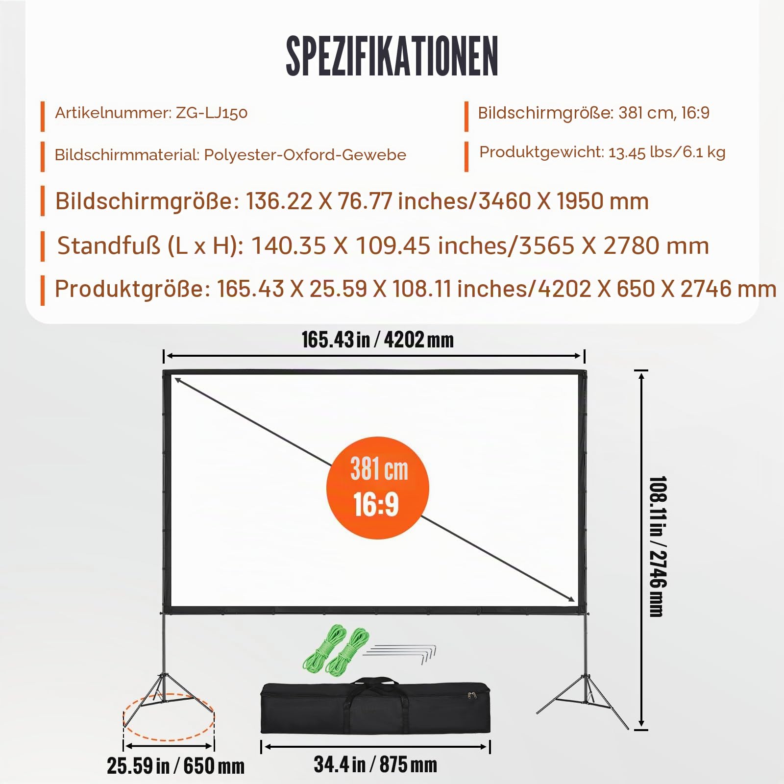 VEVOR Projektion Beamer Leinwand mit Ständer 150 Zoll HD 4K Outdoor Indoor Projektor Screen Schnelles Klappbare Tragbare Filmleinwand 16: 9 für Heimkino, Camping und Freizeitveranstaltungen Schwarz