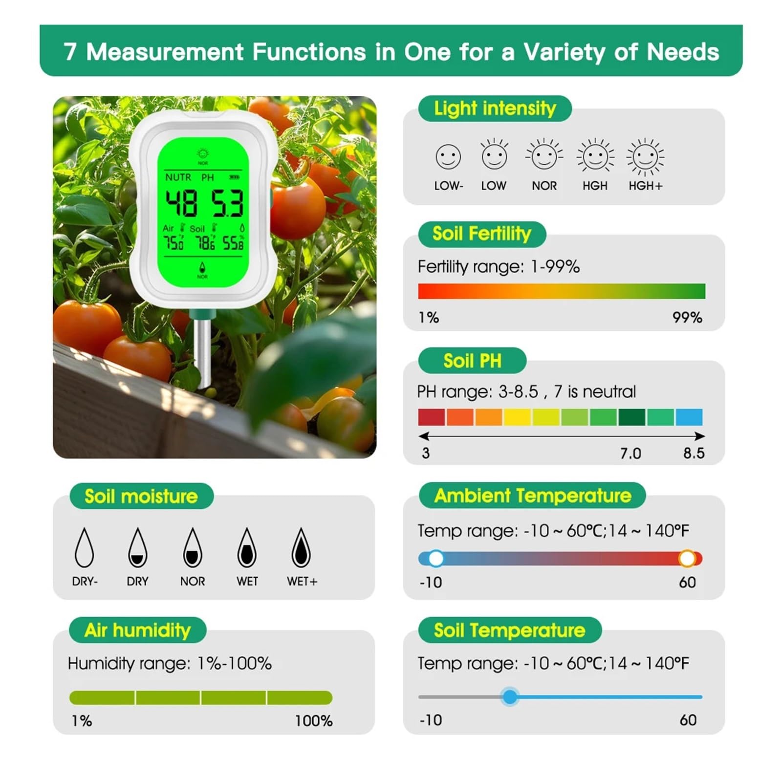 Misuratore digitale del terreno 7 in 1, misuratore di umidità, pH, luce, fertilità, temperatura e for piante da giardino, agricoltura fattoria Giardinaggio, Agricoltura