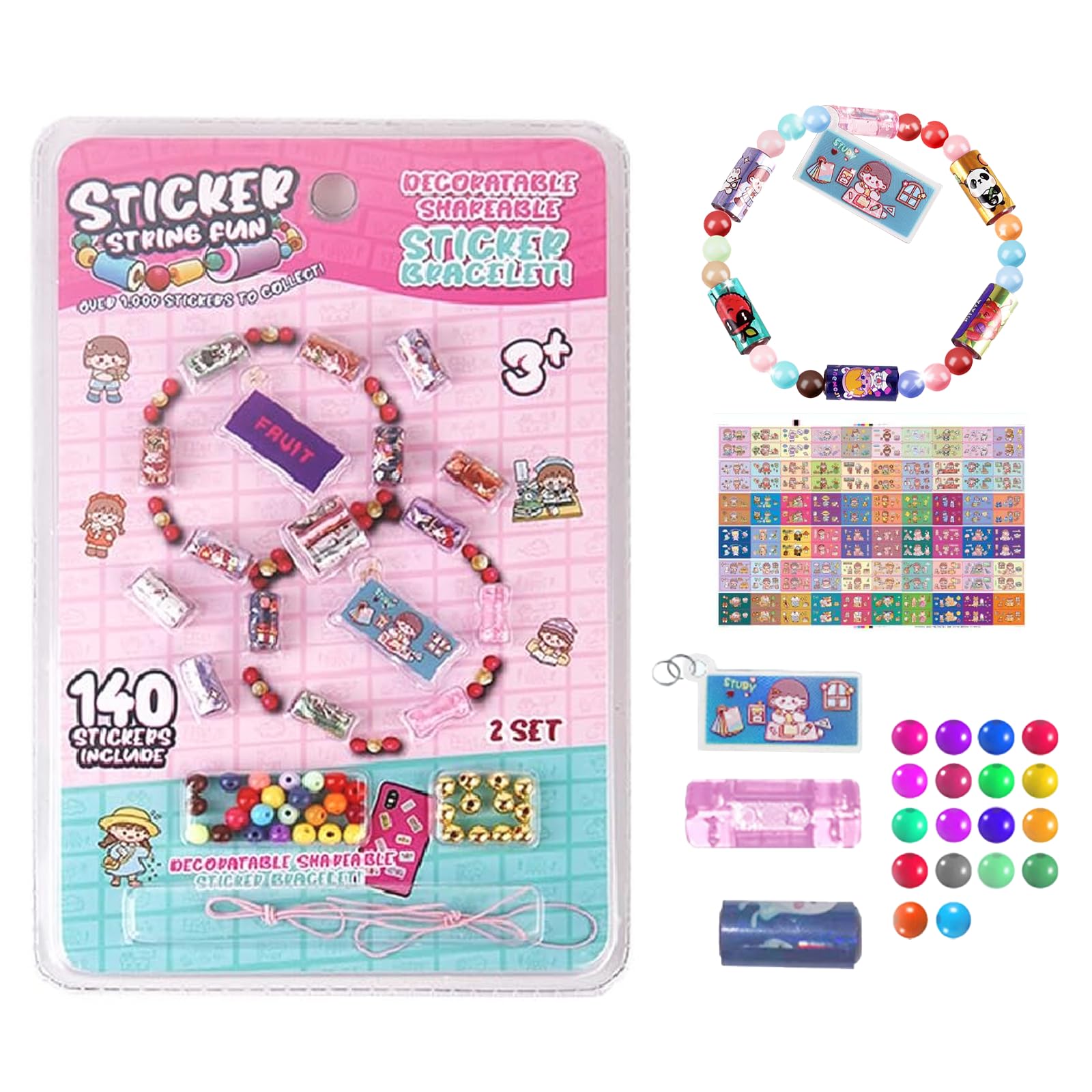 2 Pack Sticky Rolls Bracelet,Plastic Sticker Roll Bracelets Series for Kids,Sticky Kit Making for Age 3+ Girls Ready DIY Creative Craft,140 Mini Holographic Stickers 2 Pendants 2 Friendship Bracelet