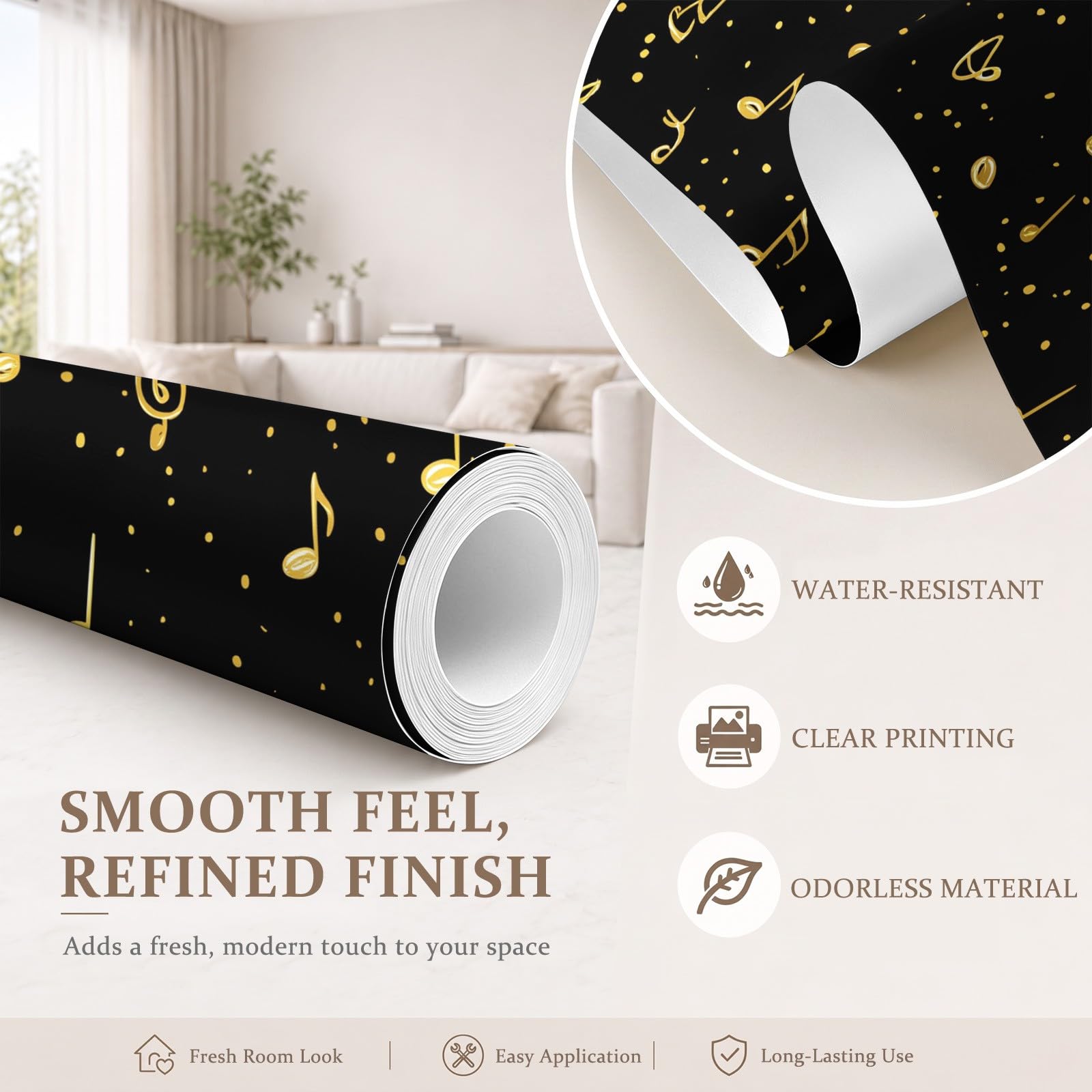 Genérico Papel pintado no tejido negro oro notas musicales Allover 350 x 256 cm, papel pintado panorámico de pared, música clásica, póster tapiz, decoración para sala de estar, dormitorio infantil