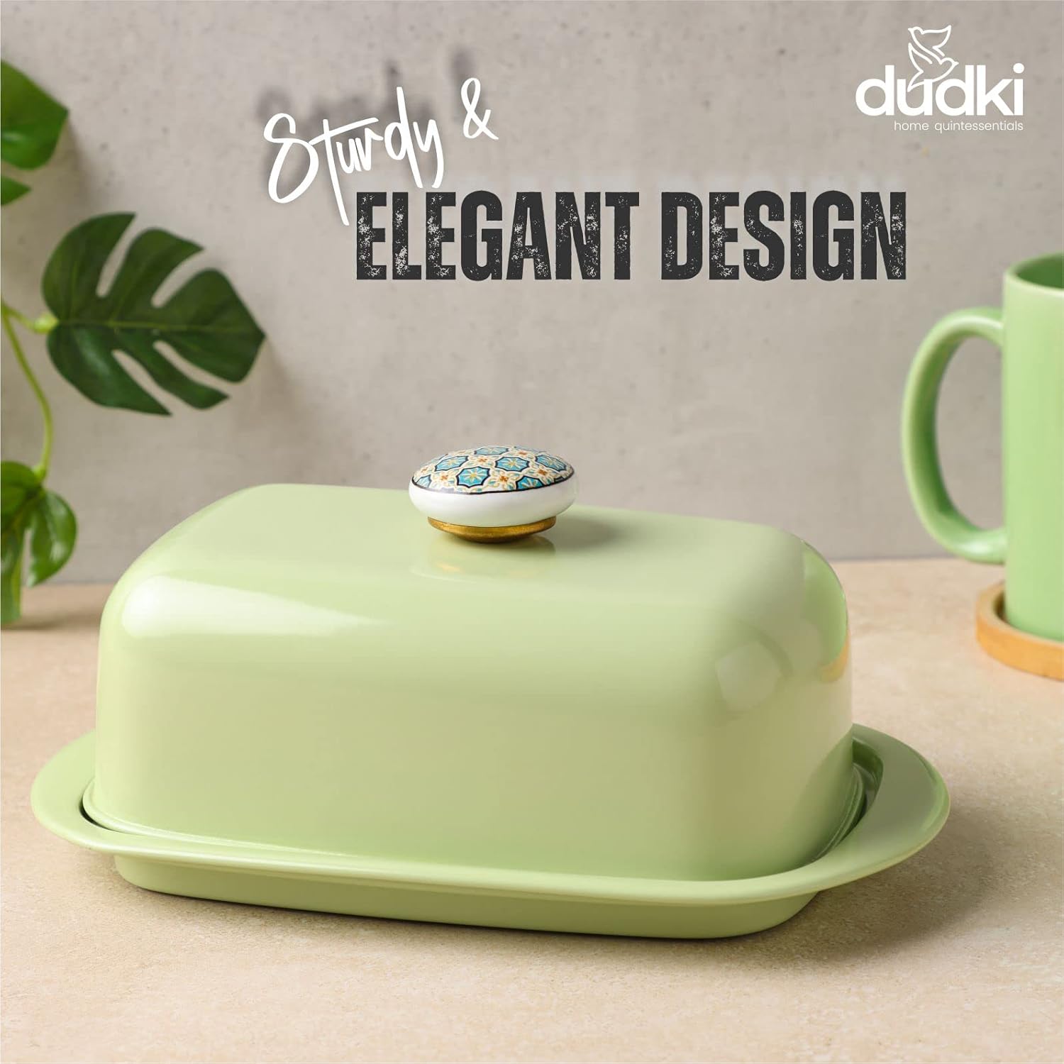 Stainless Steel Butter Container Homes Butter Dish Storage Box with Lid Enhances and Elegant to Your Kitchen Décor With Ceramic Knob Design (500 Gram) (PIST GREEN)