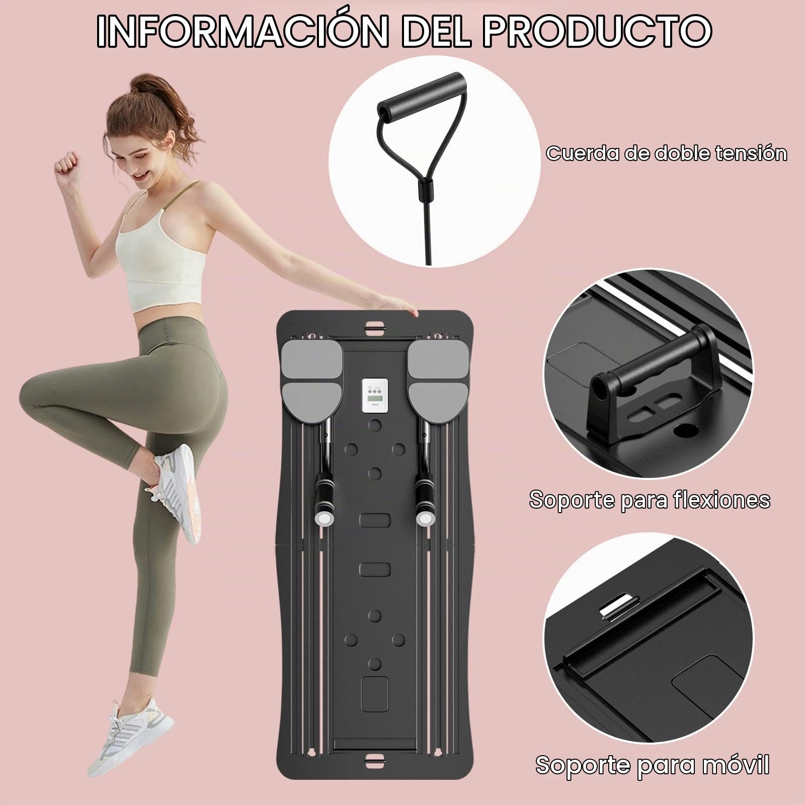Fousenuk Maquina Pilates para Casa con Temporizador, Reformer Pilates Maquina, Maquina Pilates, Tabla Pilates Multifuncional, Tabla de Pilates Plegable para Entrenamientos de Cuerpo Completo(Negro)