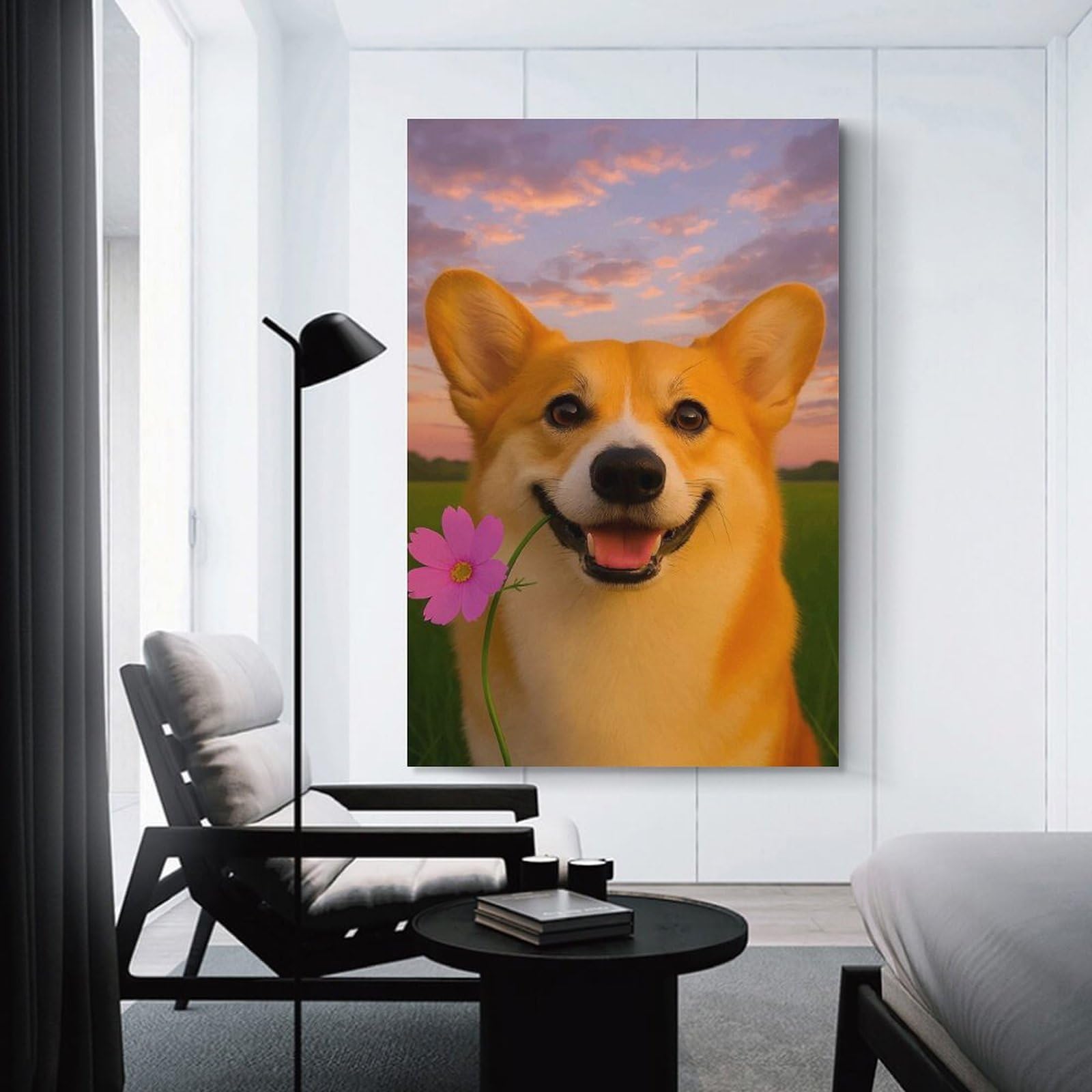 Junmoney Smiling Corgi with Flower Hanging Wall Art 20x30inch(50x75cm), for Gallery Wall Decor And Room Displays, A Versatile Canvas Print for Layering