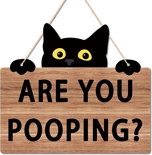 Uflashmi Cartel de gato negro con texto en inglés "Are You Pooping Cat", divertidos letreros de decoración de pared de baño, letreros de madera para
