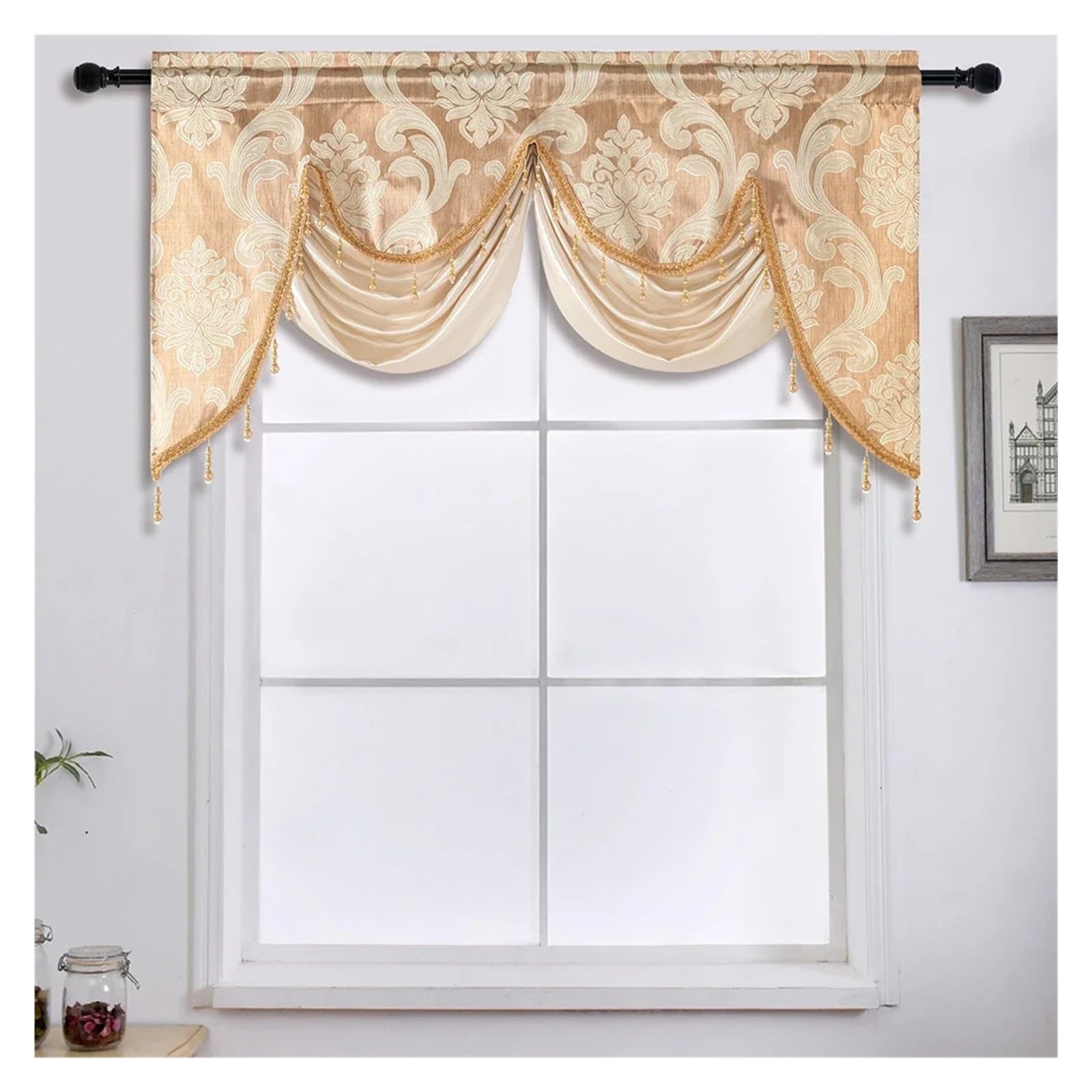 MFESFCS Swags For Windows Tassel Floral Window Valance For Living Room Luxury Jacquard Fabric Curtain Head Home Decor 1PC(Beige)