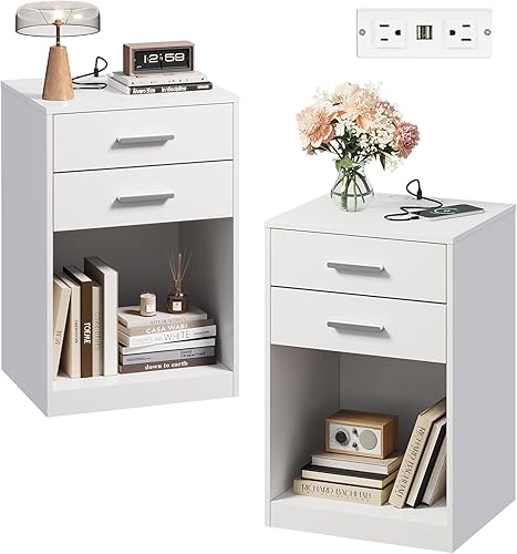 Miniatura 8 de WLIVE Juego de 2 mesitas de noche con estación de carga, juegos de mesa de noche de madera con 2 cajones y estante abierto, mesas auxiliares de cama