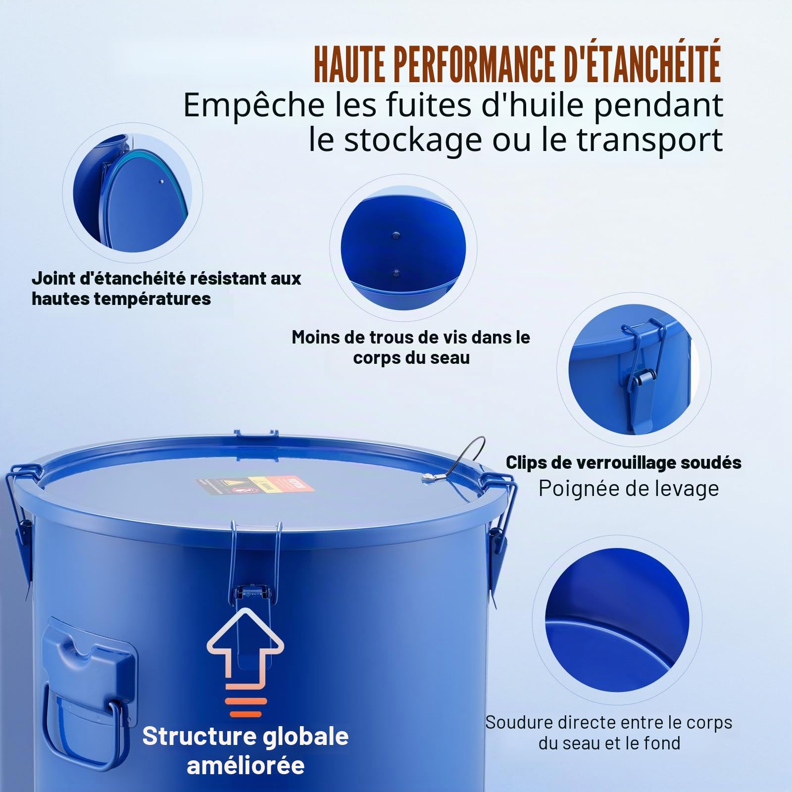 VEVOR Collecte Huile et Graisse Usagées, 30 L, Fut de Récupération d'Huile pour Friteuse en Acier au Carbone, Récipient d'Huile avec Couvercle, Pinces de Verrouillage, Sac Filtrant pour Cuisine, Bleu