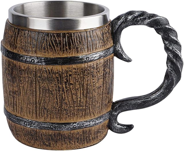 GeKLok Handmade Beer Mug Wood Stainless Steel Cup, Resin Simulation Wooden Barrel Beer Stein Mug Beer Tankard Drinking Cup Drinkware for Party/Home/Bar (2)