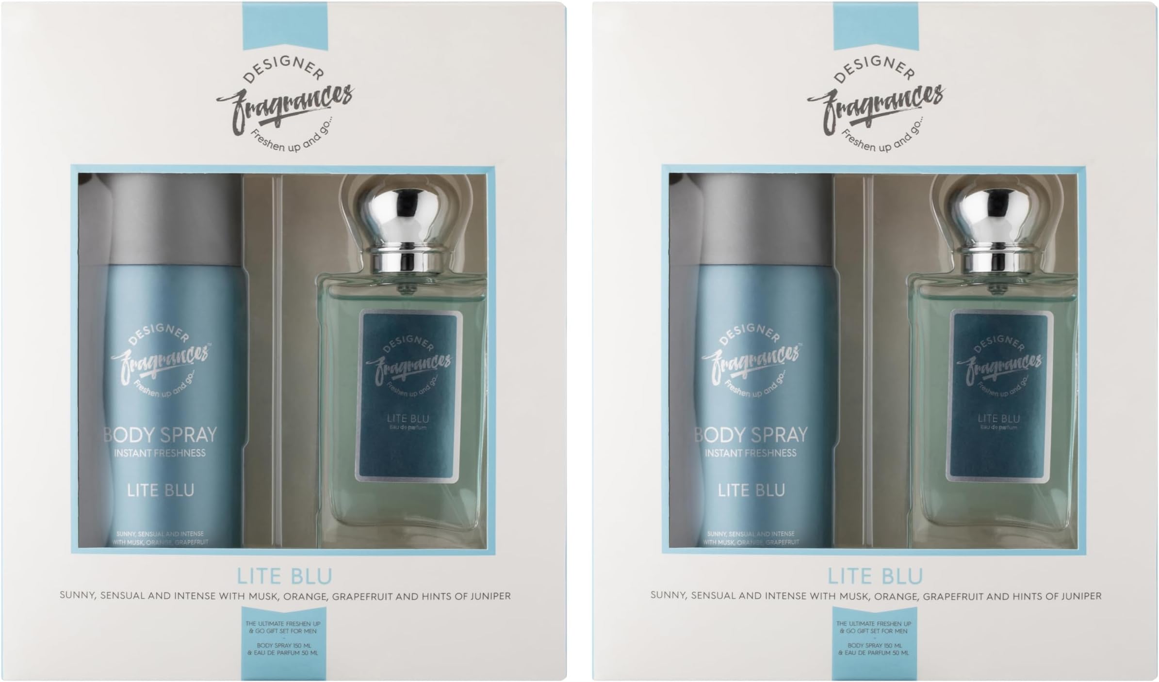 Lite Blu Male Twin Gift Set - Includes 2 x 150ml Body Spray Deodorant Cans, 2 x 50ml Men’s Eau De Parfum Aftershave Sprays - For Instant Freshness on The Go - Long Lasting Smells