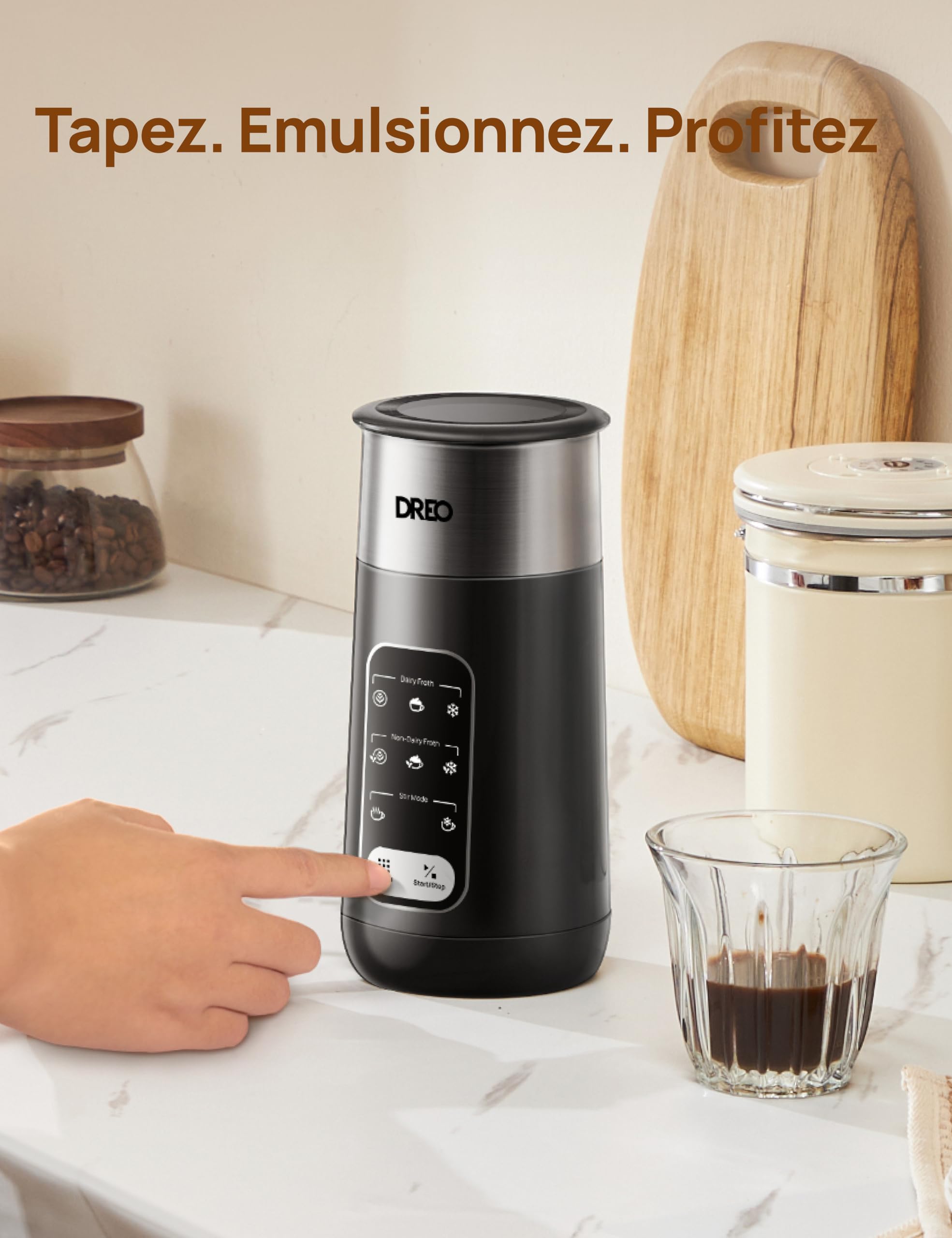 DREO Mousseur à Lait Électrique, 8-in-1 Mousseur Automatique pour Latte, Cappuccino, Chocolat Chaud, 270ml Milk Frother en Acier Inoxydable pour Mousse Chaude et Froide, LED, Facile à Nettoyer