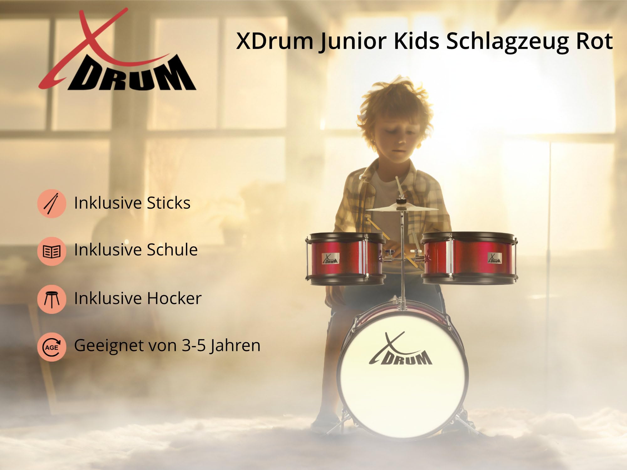 XDrum Junior KIDS Schlagzeug inkl. Schule - Kompaktes Kinderschlagzeug - Für Kinder im Alter von 3-5 Jahren - Kinderleichter Aufbau - Mit Schule, Hocker, Drumsticks & Stimmschlüssel - Rot