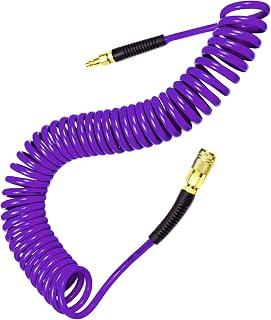 YOTOO Polyurethane Recoil Air Hose 1/4" Inner Diameter by 25' Long with Bend Restrictor, 1/4" Industrial Quick Coupler and Plug, Purple