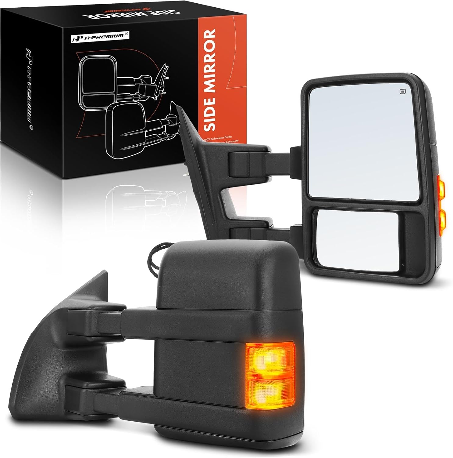 A-Premium Left & Right Towing Mirrors - Compatible with Ford F-250 F-350 F-450 F-550 Super Duty 2008-2016 - Manual Folding Power Heated Telescoping Black - with Amber Signal and Power Glass - Pair Set